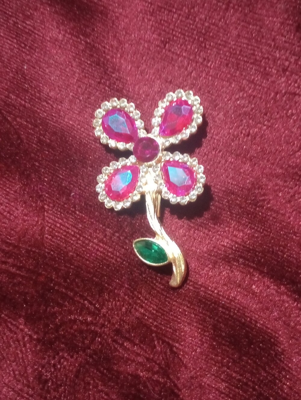 Gold-Tone Pink Crystal Floral Brooch